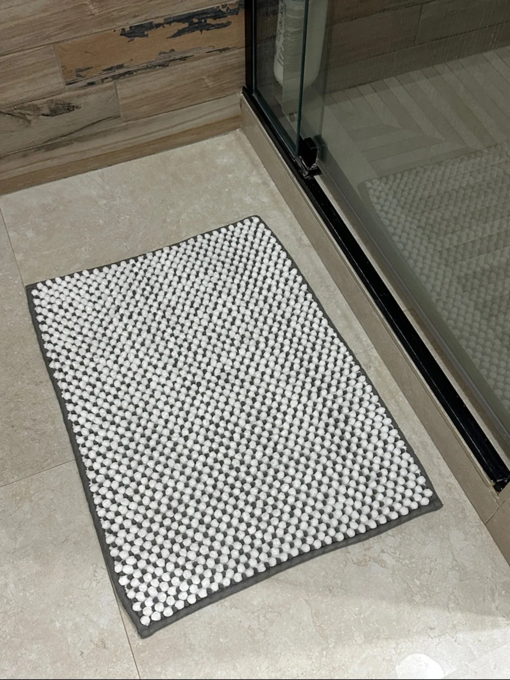 White Textured Bath Mat with Gray Trim - Home Bath